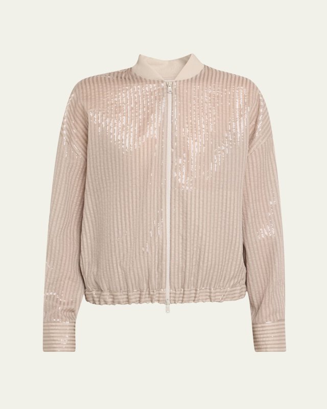 Stripe Sequined Organza Bomber Jacket